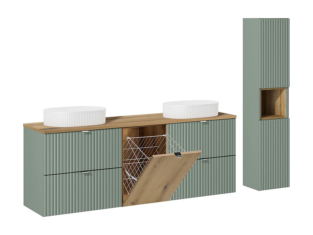 Dubbele wastafel 160 cm met wasmand en zuil in Jadegroen en hout - Ronde wastafels