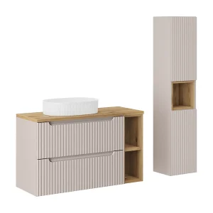 Ensemble meuble simple vasque 100cm 2 tiroirs 2 niches et colonne Riva Kasjmier en Hout