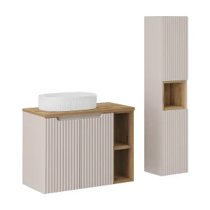 Enkele wastafel 80cm 2 deuren 2 nissen en sokkel Riva Kasjmier en Hout