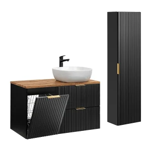 Enkele wastafel 100cm met wasmand en Adriel zuil in zwart en hout Enkele wastafel 100cm met wasmand en Adriel zuil in zwart en hout