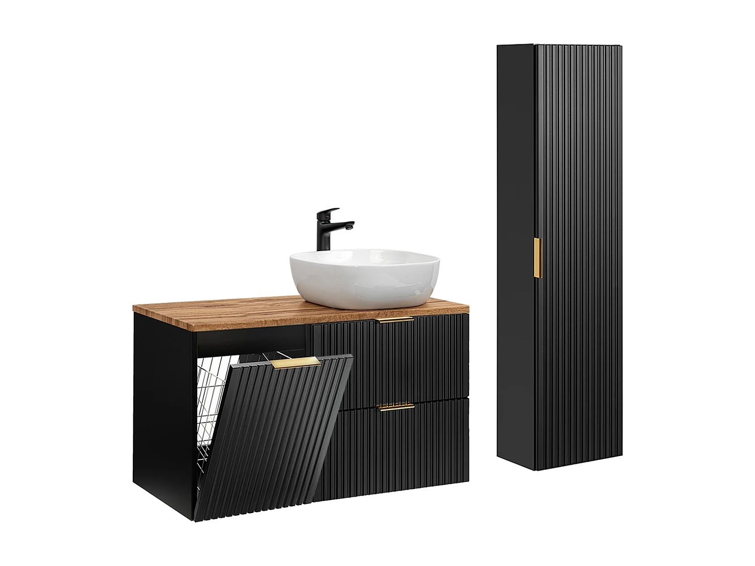 Enkele wastafel 100cm met wasmand en Adriel zuil in zwart en hout