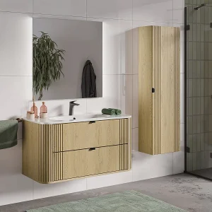 Ensemble meuble enkele wastafel ingebouwd 100cm en kolom Mila Hout