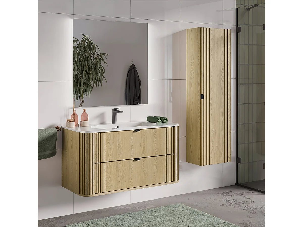 Ensemble meuble enkele wastafel ingebouwd 100cm en kolom Mila Hout