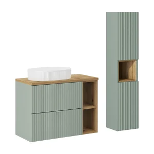 Enkele wastafel 80cm 2 laden 2 nissen en kolom Jade Groen en Hout