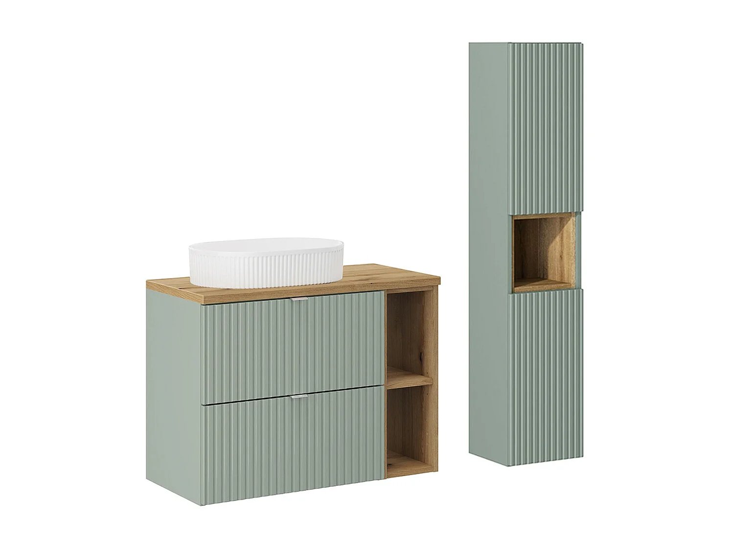 Enkele wastafel 80cm 2 laden 2 nissen en kolom Jade Groen en Hout