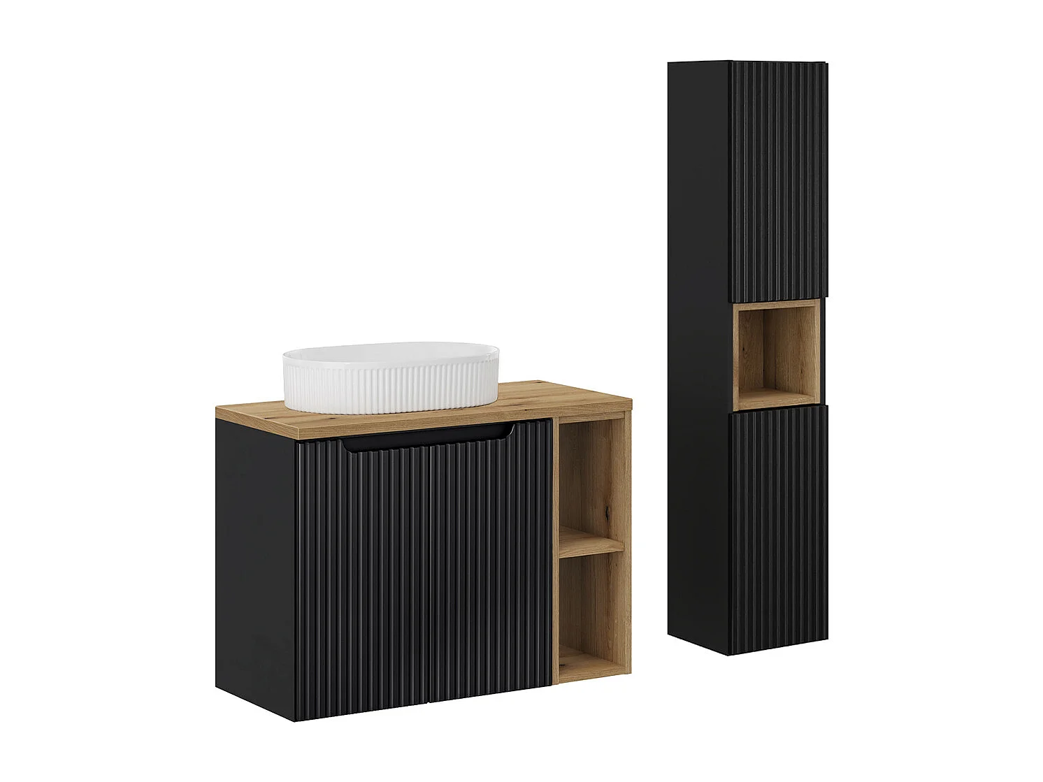 Ensemble meuble simple vasque 80cm 2 portes 2 niches et colonne Riva Zwart en Hout
