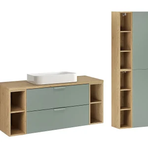 Ensemble meuble simple vasque 120cm 4 niches et colonne Oria Vert mat
