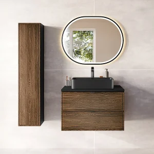 Elena 80cm enkel wastafelmeubel met sokkel en spiegel Hout en zwart Elena 80cm enkel wastafelmeubel met sokkel en spiegel Hout en zwart