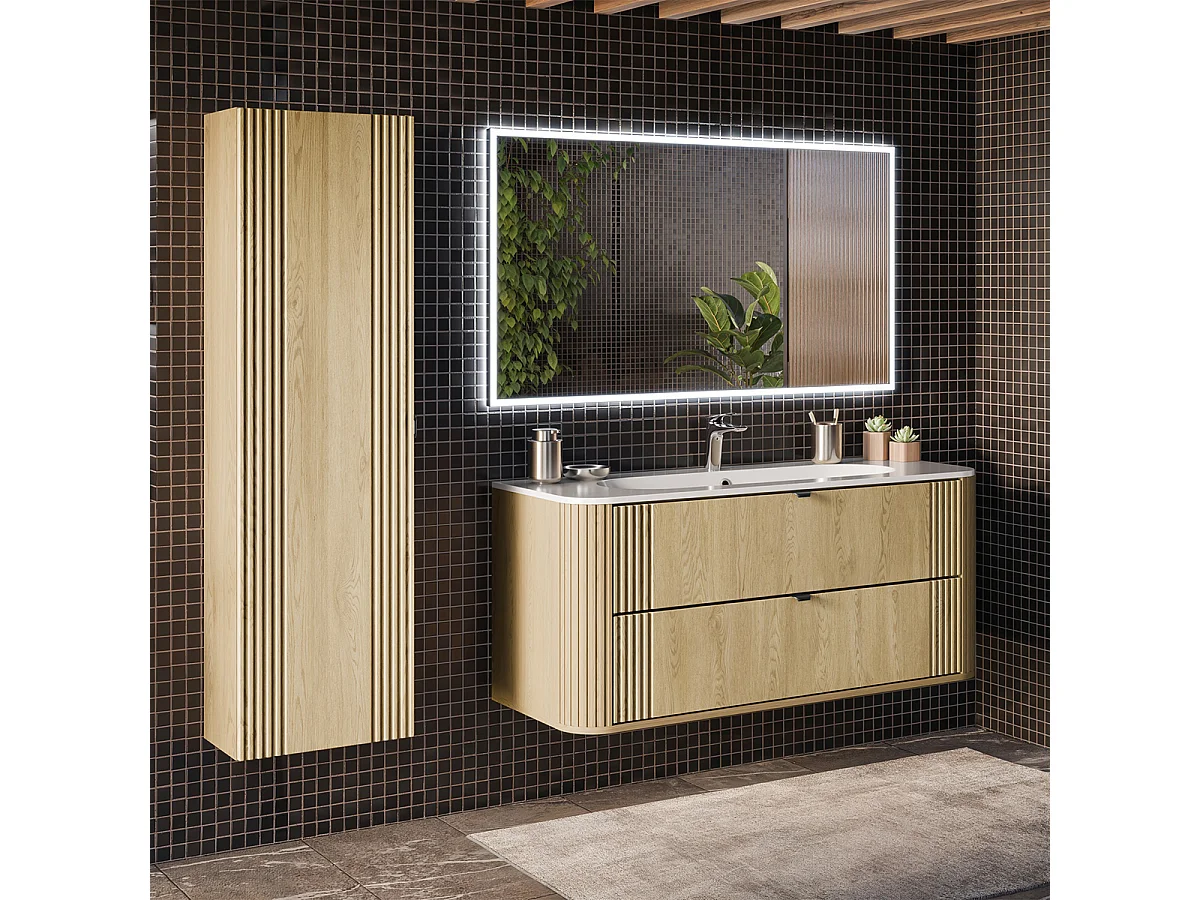Ensemble meuble enkele wastafel ingebouwd 120cm en kolom Mila Hout