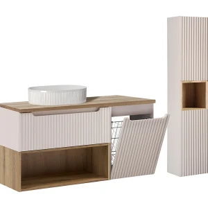 Ensemble badmeubel enkele wastafel 120cm wasmand en kolom Riva Kasjmier en Hout Ensemble badmeubel enkele wastafel 120cm wasmand en kolom Riva Kasjmier en Hout