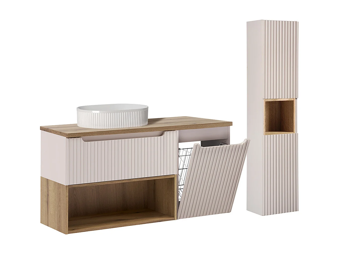 Ensemble badmeubel enkele wastafel 120cm wasmand en kolom Riva Kasjmier en Hout