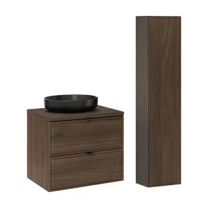 Elias enkele wastafel 60cm en hoge kast Donker hout Elias enkele wastafel 60cm en hoge kast Donker hout
