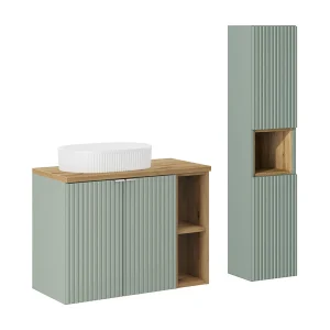 Enkele wastafel 80cm 2 deuren 2 nissen en sokkel Jade Groen en Hout