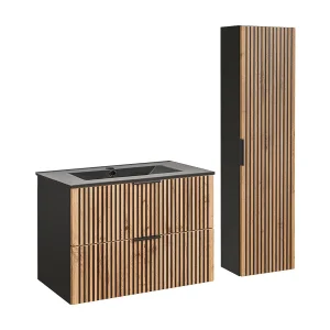 Ensemble meuble simple vasque encastrée 80cm en kolom Gaia Hout en Zwart Zwarte wastafel Ensemble meuble simple vasque encastrée 80cm en kolom Gaia Hout en Zwart Zwarte wastafel