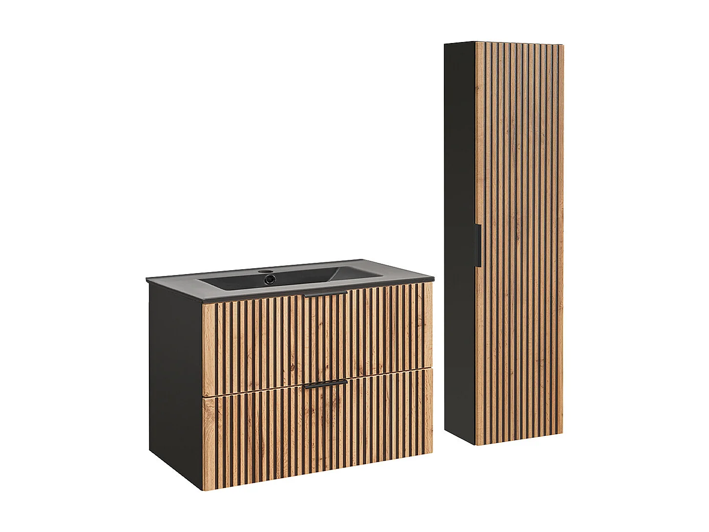 Ensemble meuble simple vasque encastrée 80cm en kolom Gaia Hout en Zwart Zwarte wastafel