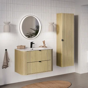 Ensemble meuble enkele wastafel ingebouwd 80cm en kolom Mila Hout