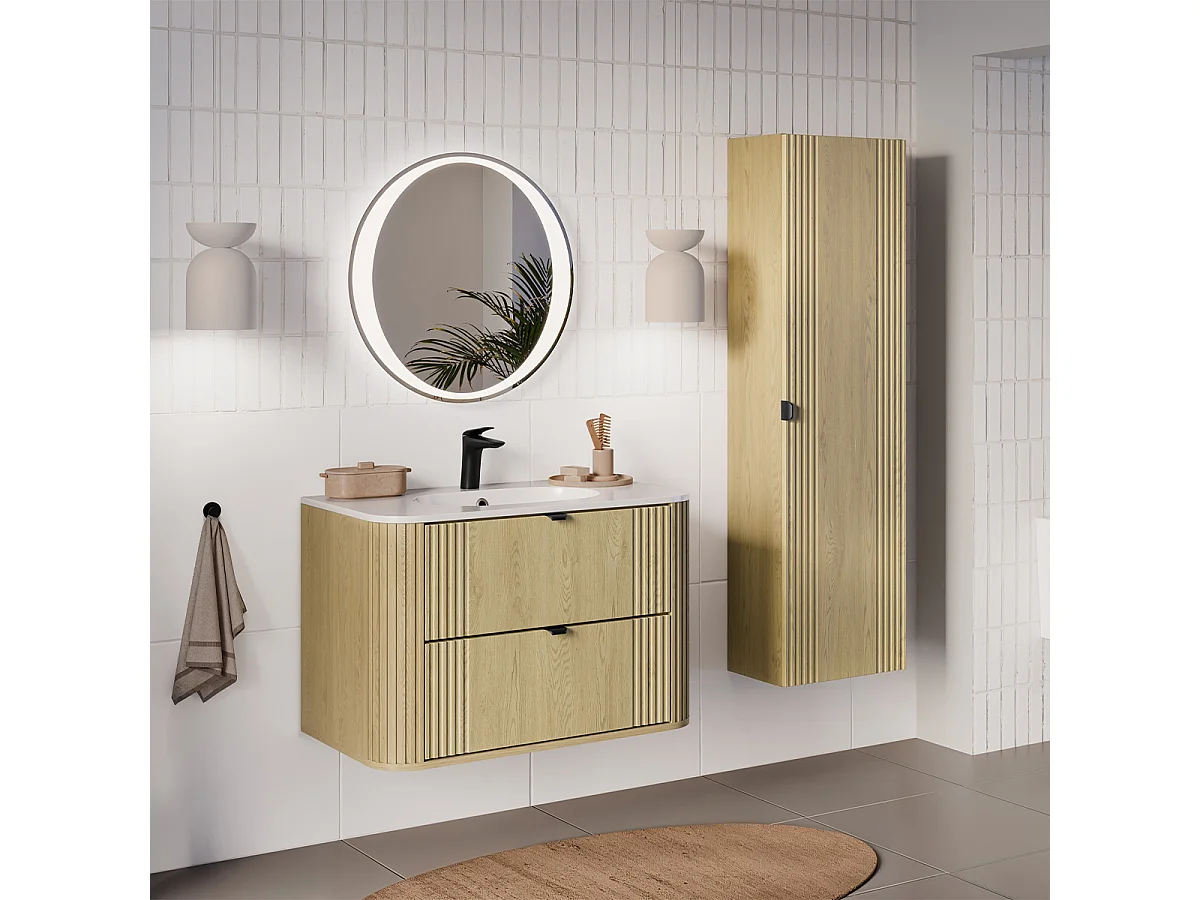 Ensemble meuble enkele wastafel ingebouwd 80cm en kolom Mila Hout