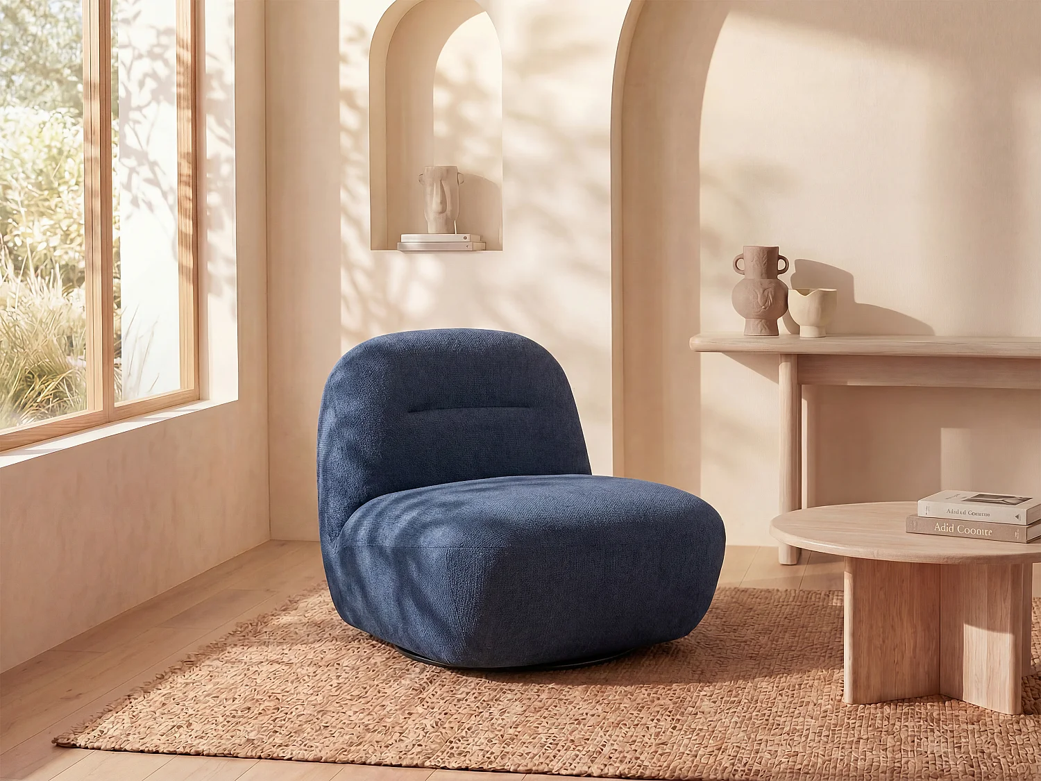 Draaifauteuil van blauwe stof met textuur POZETI