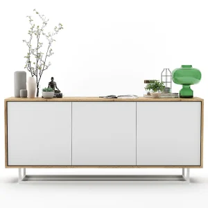Dressoir met 3 deuren – kast in eiken wotan, fronten mat wit – 168 cm, metalen frame Dressoir met 3 deuren – kast in eiken wotan, fronten mat wit – 168 cm, metalen frame