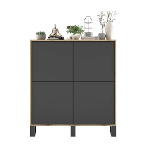 Dressoir met 4 deuren – romp eiken wotan fronten mat grafiet – 113 cm, metalen poten Dressoir met 4 deuren – romp eiken wotan fronten mat grafiet – 113 cm, metalen poten