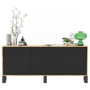 Dressoir met 3 deuren – corpus eiken wotan, matzwarte fronten – 168 cm, metalen poten