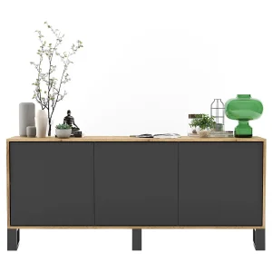 Dressoir met 3 deuren – corpus eiken wotan, fronten grafiet mat – 168 cm, metalen poten Dressoir met 3 deuren – corpus eiken wotan, fronten grafiet mat – 168 cm, metalen poten