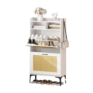 Dripex Schoenenkast met Rotan Decoratie, met 2 Klapbare Laden en Metalen Pootjes voor Entree, Hal, Woonkamer (Rotan Wit, 24 x 60 x 114 cm)