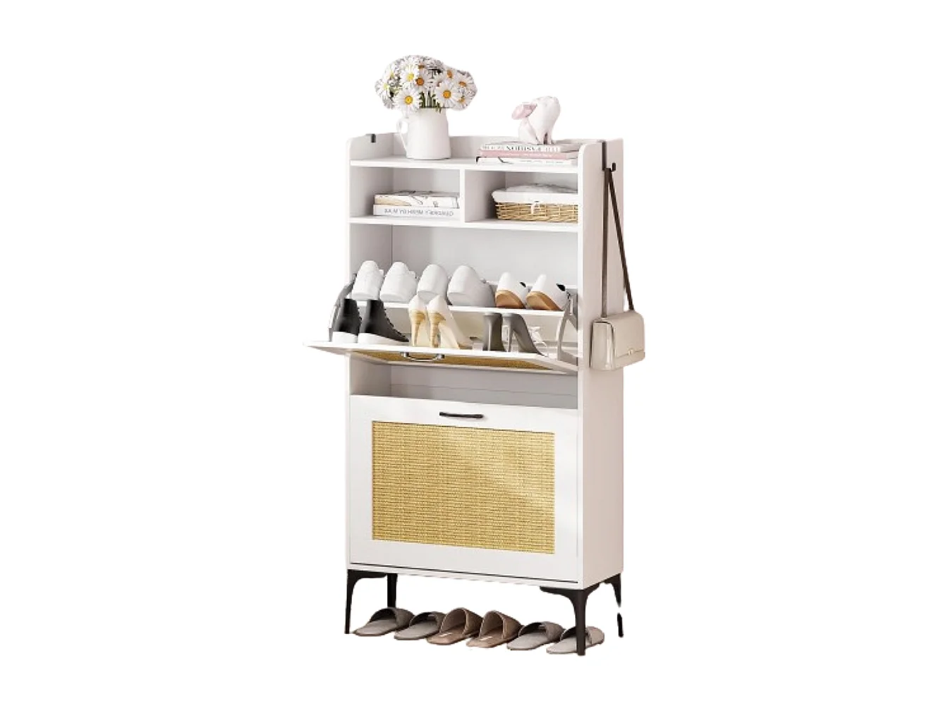 Dripex Schoenenkast met Rotan Decoratie, met 2 Klapbare Laden en Metalen Pootjes voor Entree, Hal, Woonkamer (Rotan Wit, 24 x 60 x 114 cm)