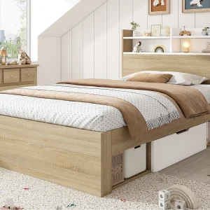 Eenpersoonsbed 90x200cm – met 2 lades – hoofdeinde met plank – spaanplaat + massief hout – Natuur Eenpersoonsbed 90x200cm – met 2 lades – hoofdeinde met plank – spaanplaat + massief hout – Natuur