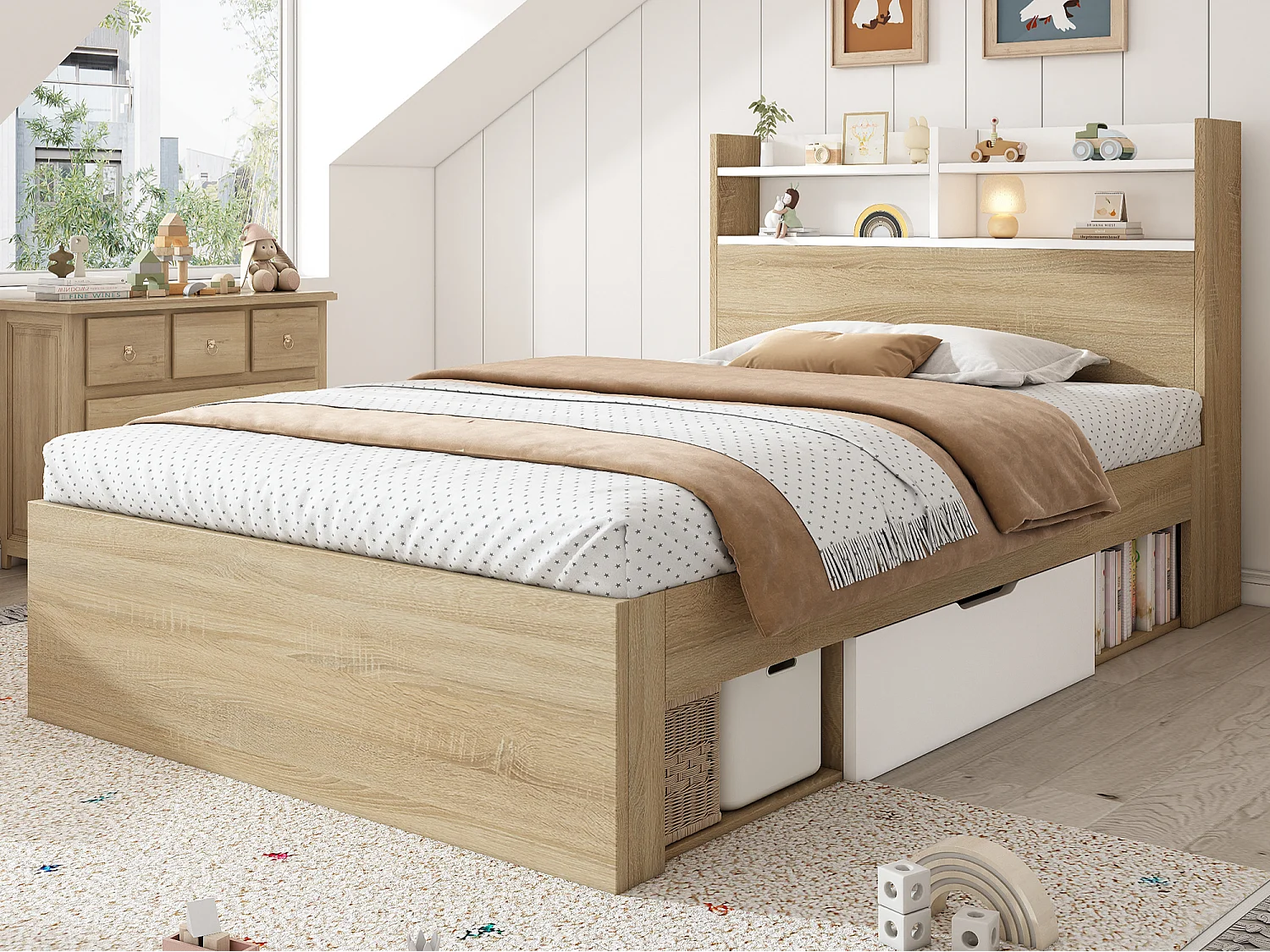 Eenpersoonsbed 90x200cm - met 2 lades - hoofdeinde met plank - spaanplaat + massief hout - Natuur
