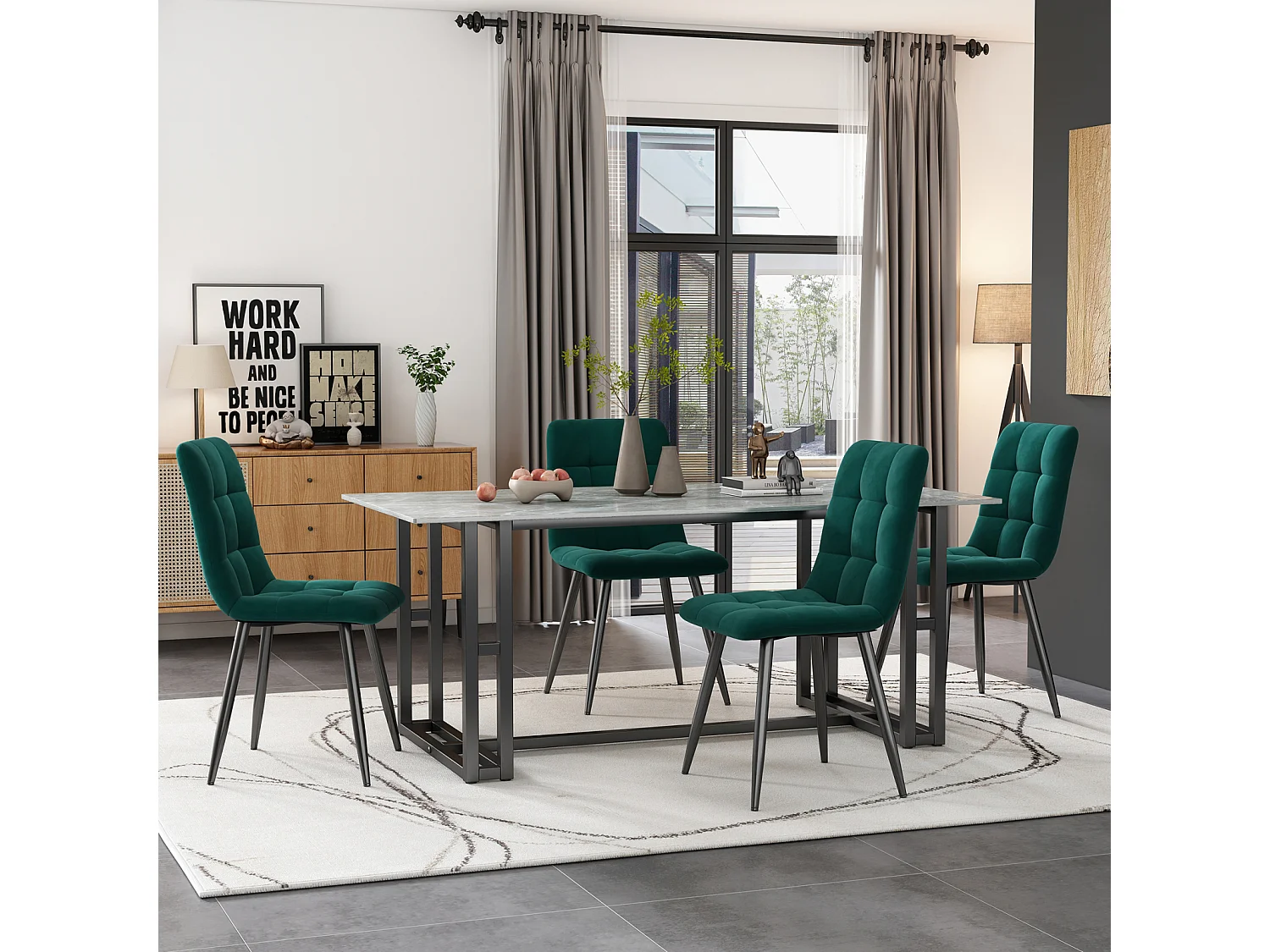 Eetkamerstoelset van 4, donkergroen, gestoffeerd stoelontwerp met rugleuning, fluweel, metalen frame