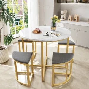 Tafelset met 4 stoelen, rond MDF blad, verguld ijzeren frame, fluwelen stoel, D80x75cm+D33x46cm, grijs