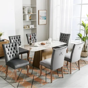 Eetkamerstoelset van 6, gestoffeerde stoel met spijkerkopafwerking, poten van massief hout, fluwelen bekleding, grijs, met deurklopperontwerp