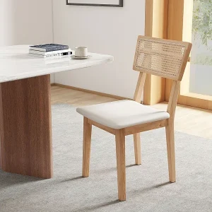 Eetkamerstoel, met rotan rugleuning, kunstlederen zitting, rubberhout, natuurlijk hout