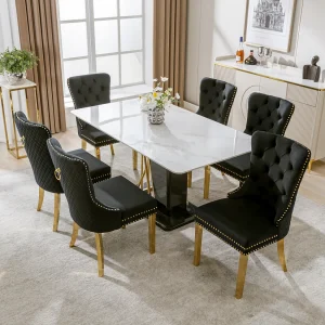 Eetkamerstoelset van 6, gestoffeerde stoel met spijkerkopafwerking, steunpoten van verguld roestvrij staal, fluweel, zwart/goud, met ronde trekringen