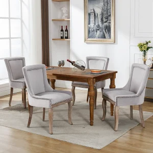 Eetkamerstoelset van 4, gestoffeerde stoel met spijkerkopafwerking, poten van massief hout, fluwelen bekleding, grijs Eetkamerstoelset van 4, gestoffeerde stoel met spijkerkopafwerking, poten van massief hout, fluwelen bekleding, grijs