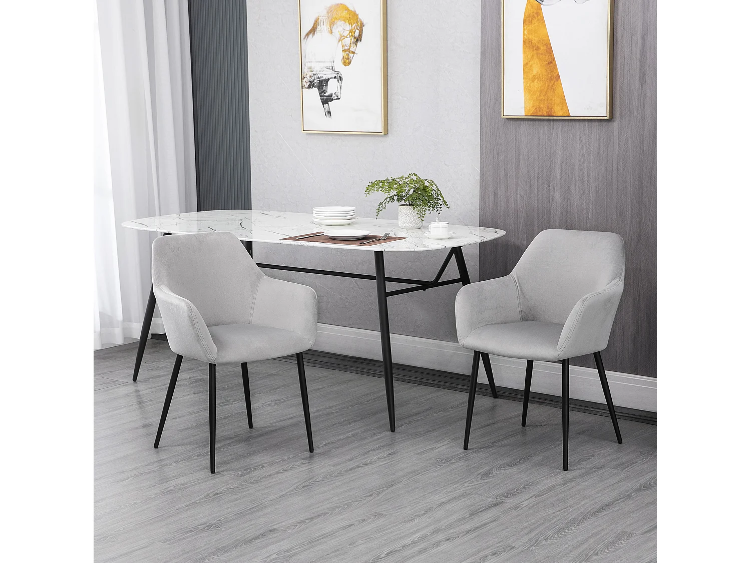 Eetkamerstoelen set van 2, keukenstoel met rugleuning, gestoffeerde stoel in fluweellook, stalen poten, lichtgrijs