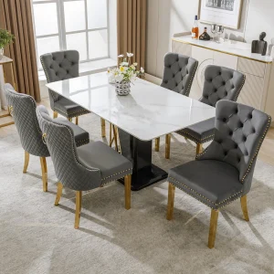 Eetkamerstoelset van 6, gestoffeerde stoel met spijkerkopafwerking, poten van verguld roestvrij staal, fluwelen bekleding, grijs/goud, met ronde trekringen
