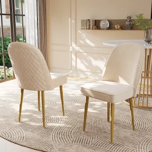 Eetkamerstoelen set van 2, moderne fluwelen eetkamerstoelen, gouden metalen poten, beige Eetkamerstoelen set van 2, moderne fluwelen eetkamerstoelen, gouden metalen poten, beige