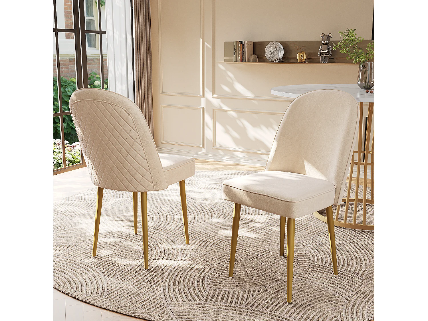 Eetkamerstoelen set van 2, moderne fluwelen eetkamerstoelen, gouden metalen poten, beige