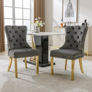 Eetkamerstoel set van 2, gestoffeerde stoel met spijkerkop afwerking, poten van verguld roestvrij staal, fluwelen bekleding, grijs/goud, met ronde trekringen