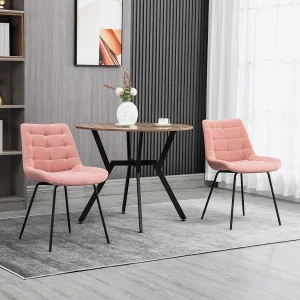 Eetkamerstoel set van 2, keukenstoel met rugleuning, fluwelen bekleding in roze, retro design, stalen poten