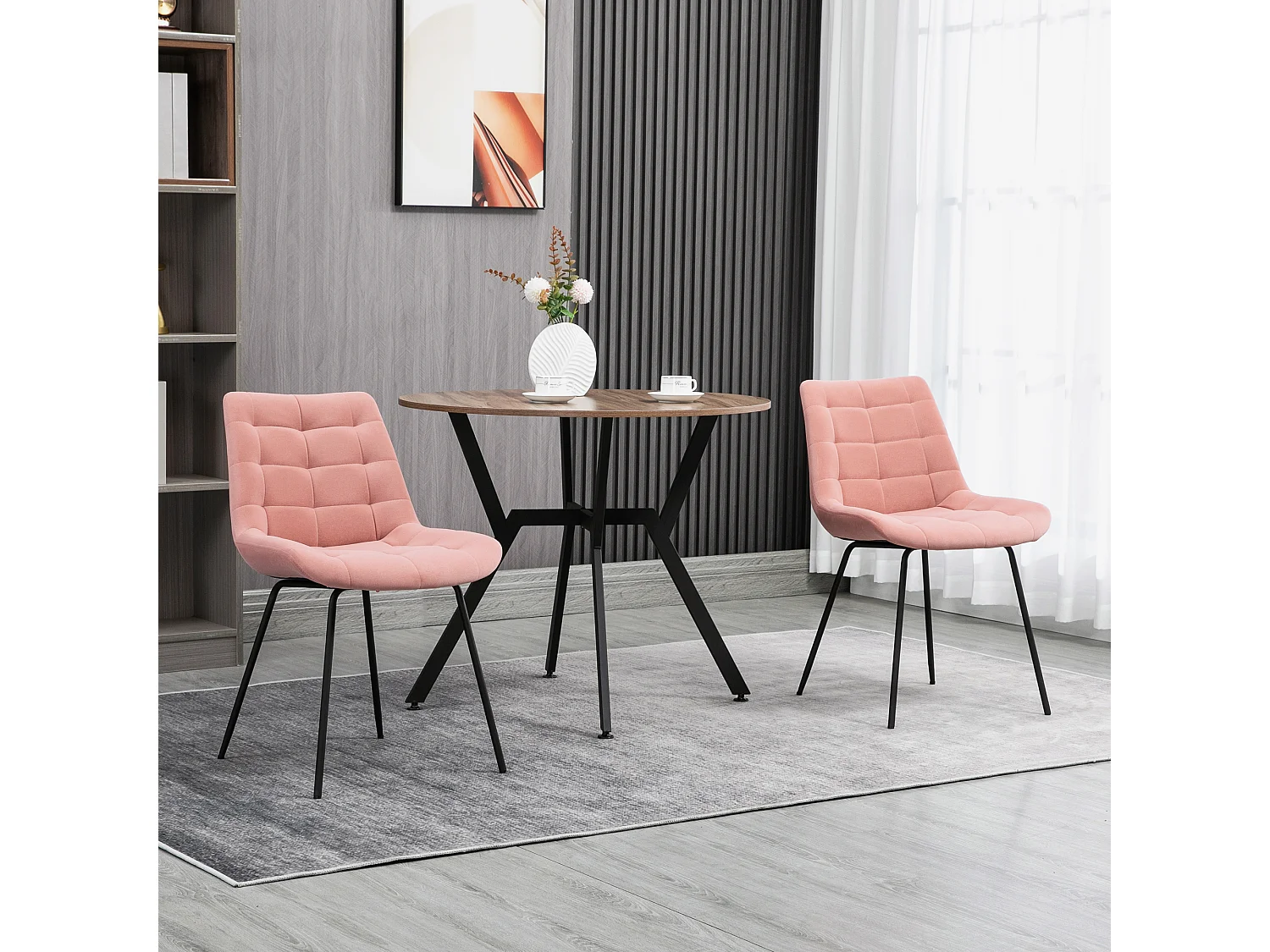 Eetkamerstoel set van 2, keukenstoel met rugleuning, fluwelen bekleding in roze, retro design, stalen poten