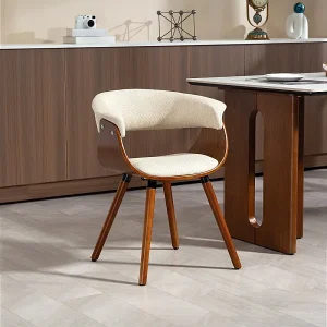 Eetkamerstoel, keukenstoel met rugleuning, linnenlook, gestoffeerde stoel met houten poten, beige