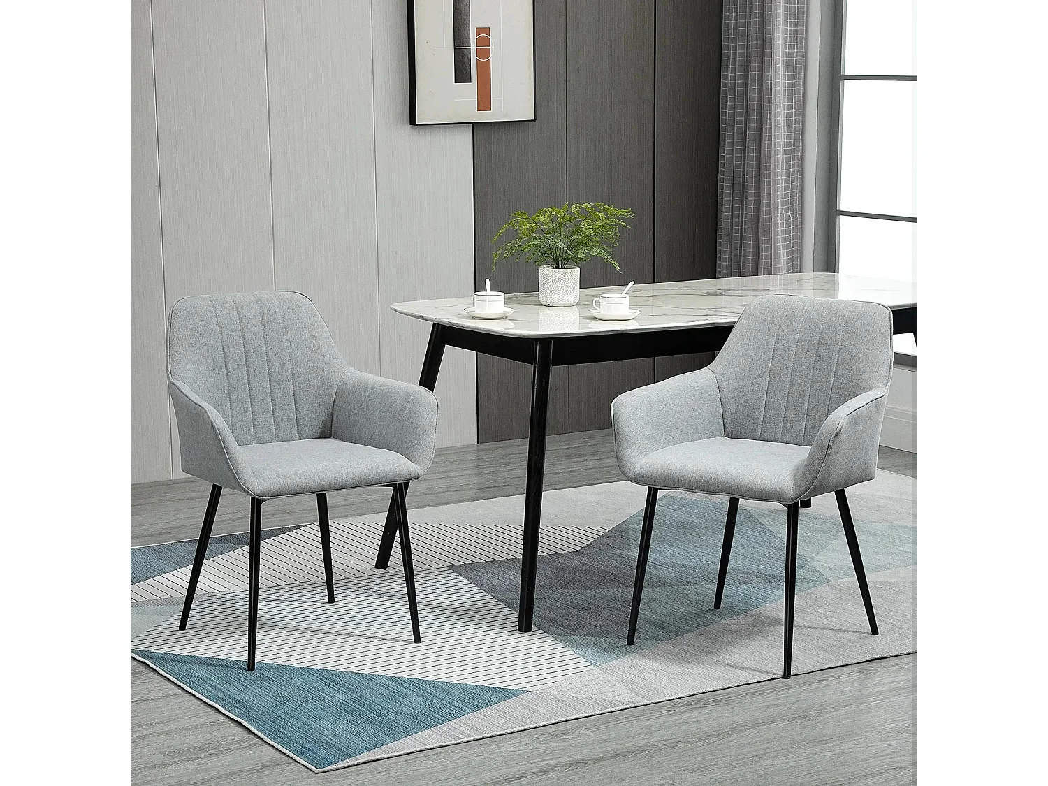 Eetkamerstoelen set van 2, gestoffeerde stoelen met ademende linnen hoes, lichtgrijs