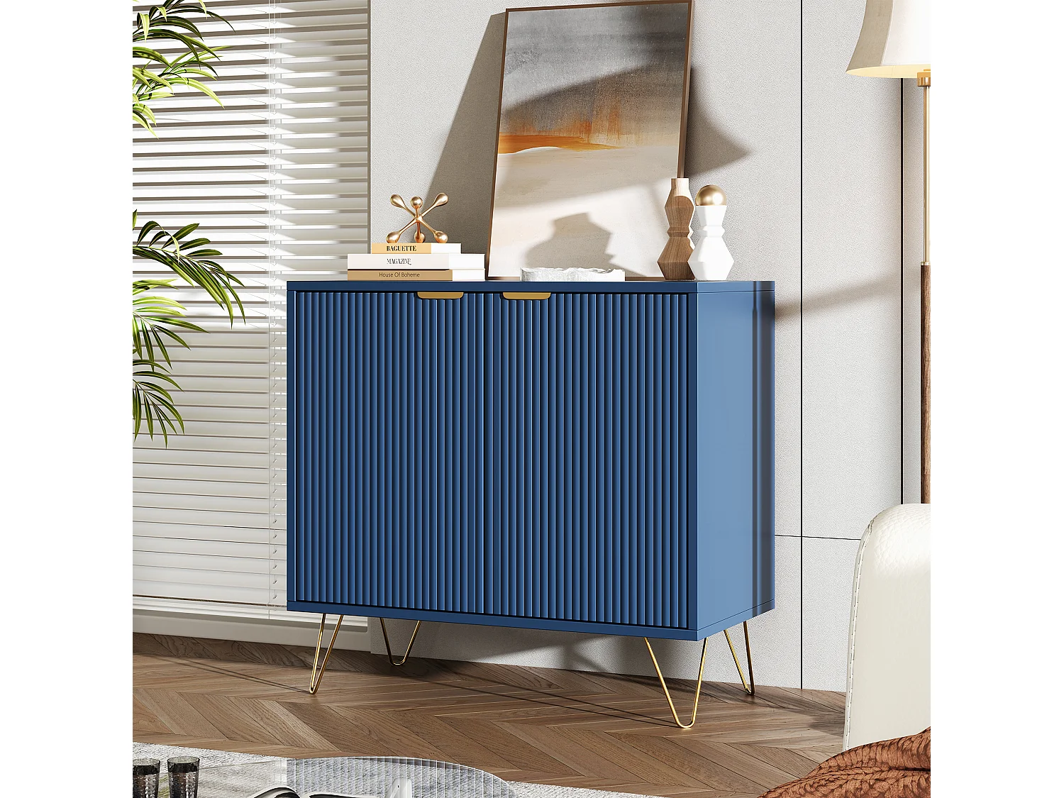 Dressoir met twee deuren in marineblauw met gouden poten – modern en elegant design