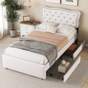 Flatbed 90×200 cm, gestoffeerd bed met nachtkastje en decoratieve armleuning, dubbele lades – lichtbeige