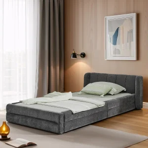 Eenpersoonsbed 90×200 cm in zachte chenillestof, comfortabel hoofdeinde, geschikt voor kinderen – Donkergrijs Eenpersoonsbed 90×200 cm in zachte chenillestof, comfortabel hoofdeinde, geschikt voor kinderen – Donkergrijs