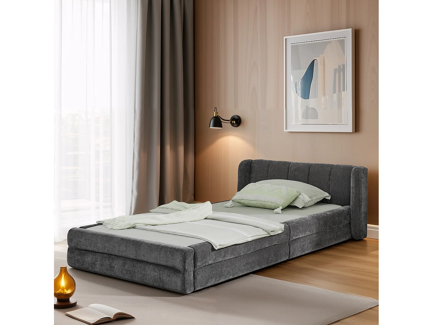 Eenpersoonsbed 90×200 cm in zachte chenillestof, comfortabel hoofdeinde, geschikt voor kinderen – Donkergrijs