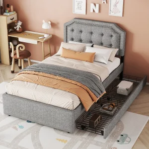 Flatbed 90×200 cm, gestoffeerd bed met nachtkastje en decoratieve armleuning, dubbele lades – grijs